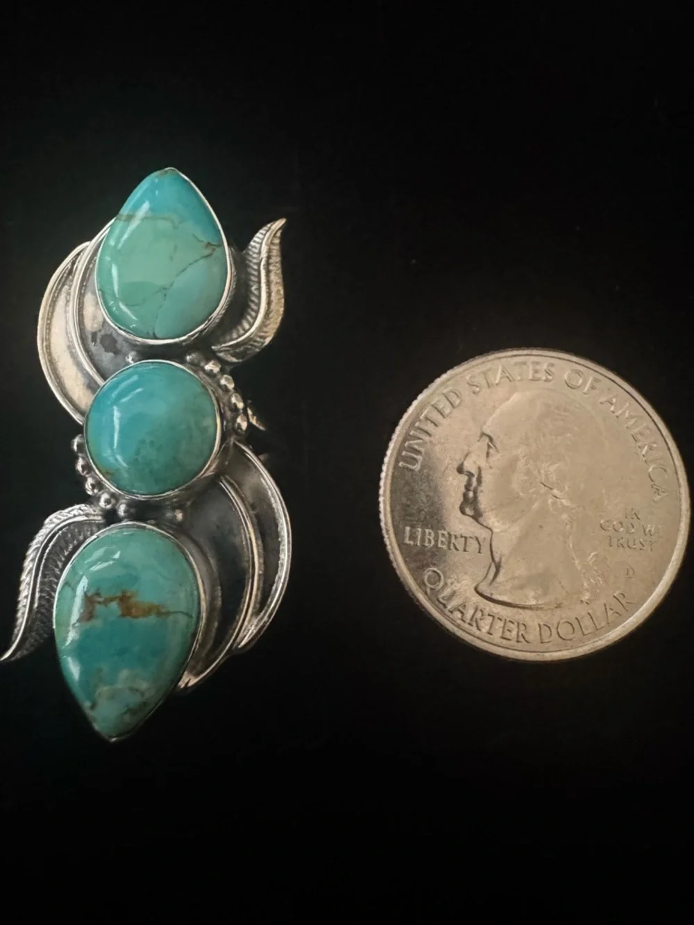 Genuine Turquoise Stone Sterling Silver statement ring- Blue Green Teardrop Trio